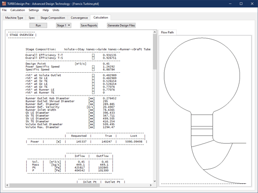 Fig2: TURBOdesign Pre can predict performances for the entire Francis Turbine stage with inlet volute, guide and stay vanes, runner and draft tube.